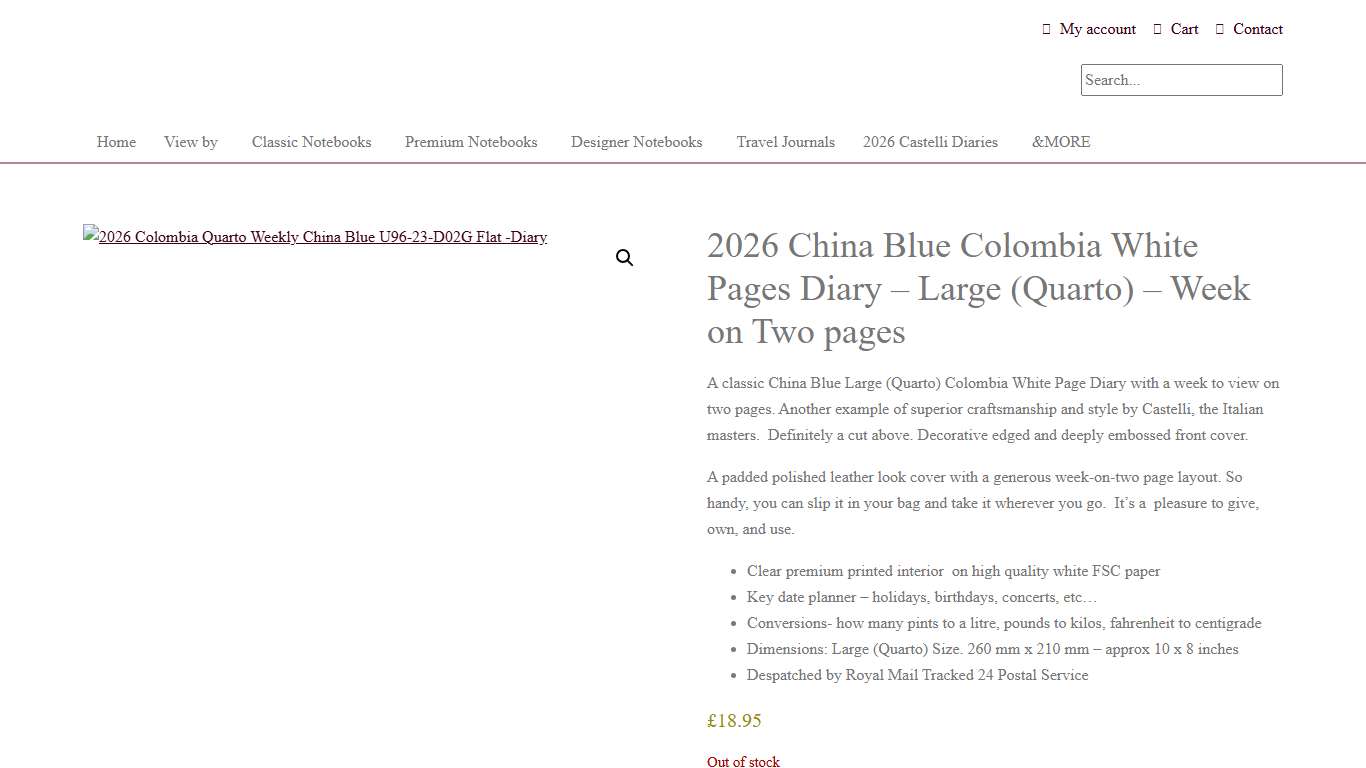 2026 China Blue Colombia White Pages Diary - Large (Quarto) - Week on Two pages - Diaries and More